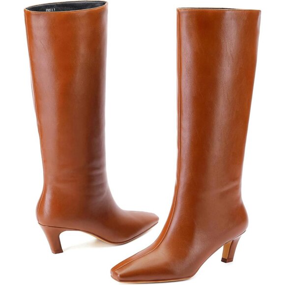 Women’s Yellow Knee High Boot Square Toe Kitten Heel Wide Calf Synthetic Leather - Picture 7 of 7